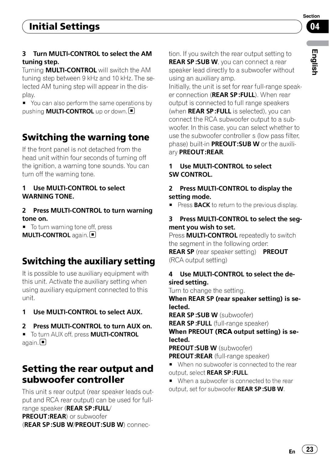 Pioneer DEH-3050UB Initial Settings, Switching the warning tone, Switching the auxiliary setting, SW Control 