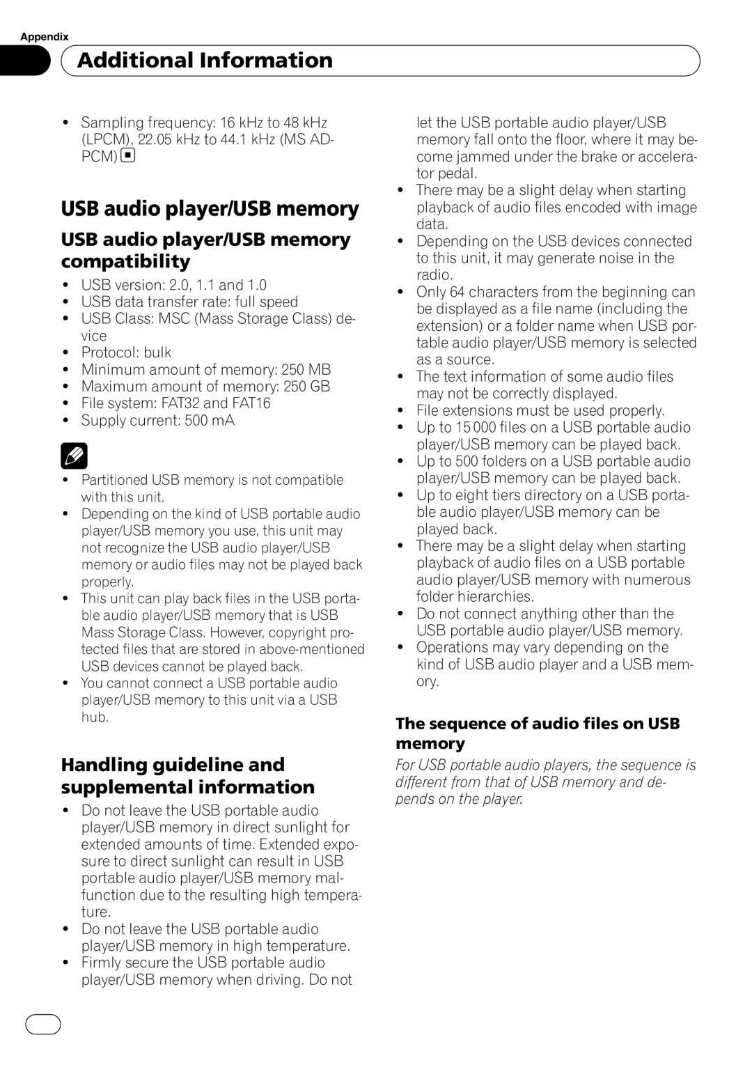 Pioneer DEH-3050UB operation manual Additional Information, USB audio player/USB memory compatibility 