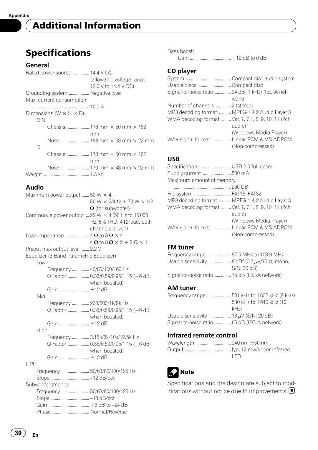 Pioneer DEH-3050UB operation manual Additional Information Specifications, Usb 