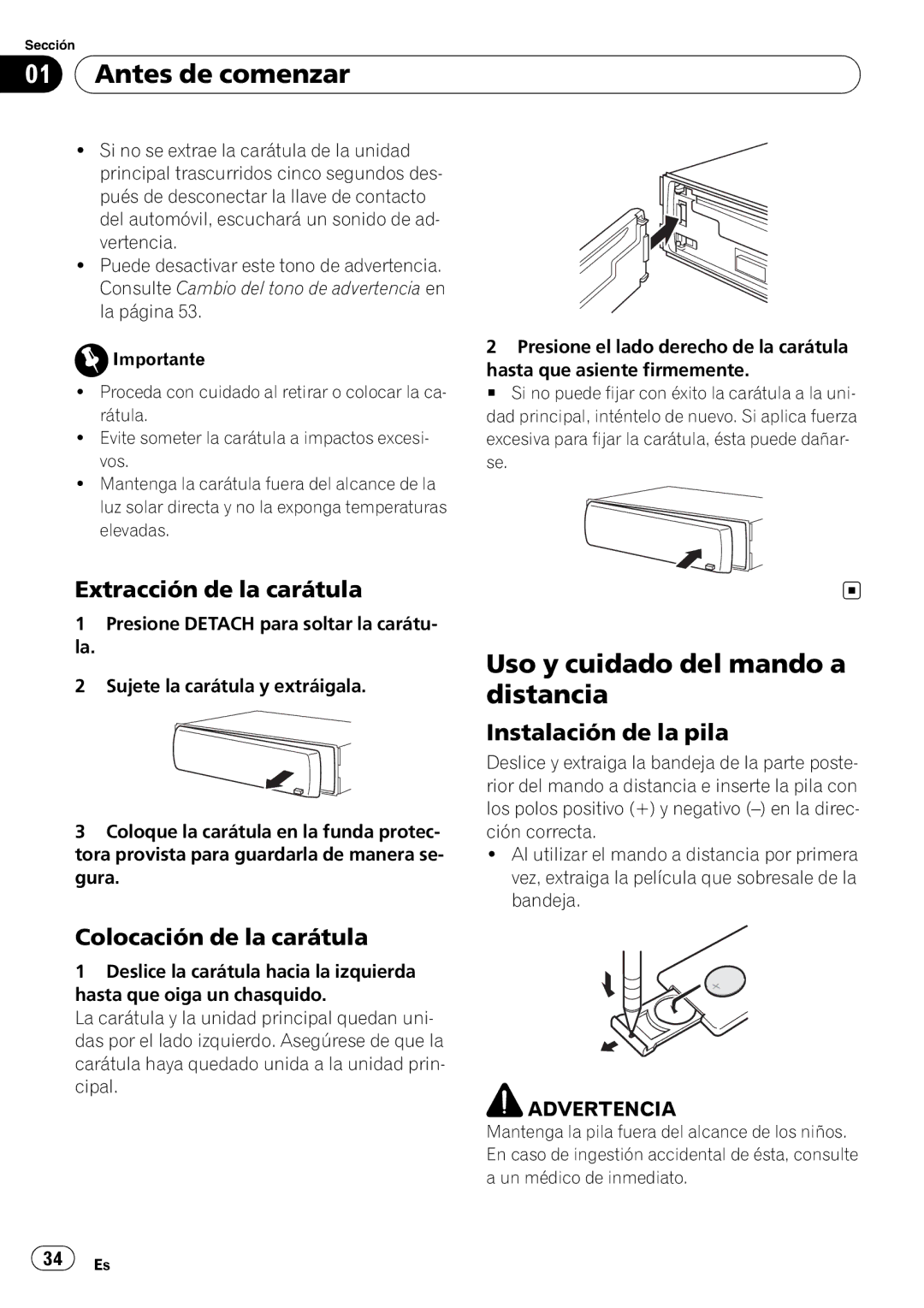 Pioneer DEH-3050UB operation manual Antes de comenzar, Uso y cuidado del mando a distancia, Extracción de la carátula 