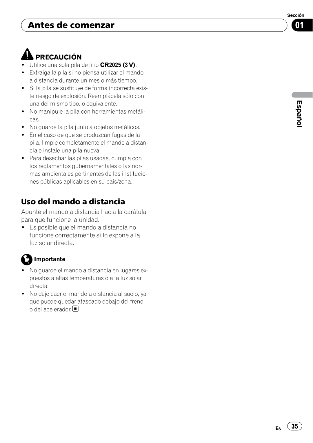 Pioneer DEH-3050UB operation manual Uso del mando a distancia, Utilice una sola pila de litio CR2025 3 