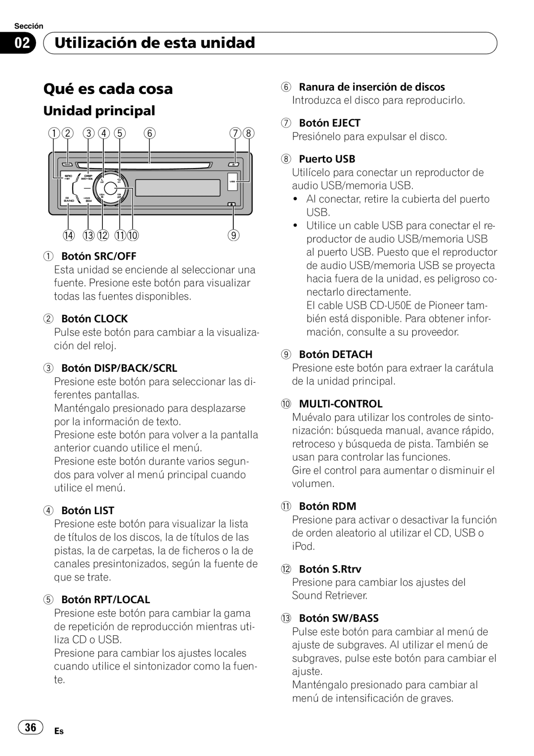 Pioneer DEH-3050UB operation manual Utilización de esta unidad Qué es cada cosa, Unidad principal 