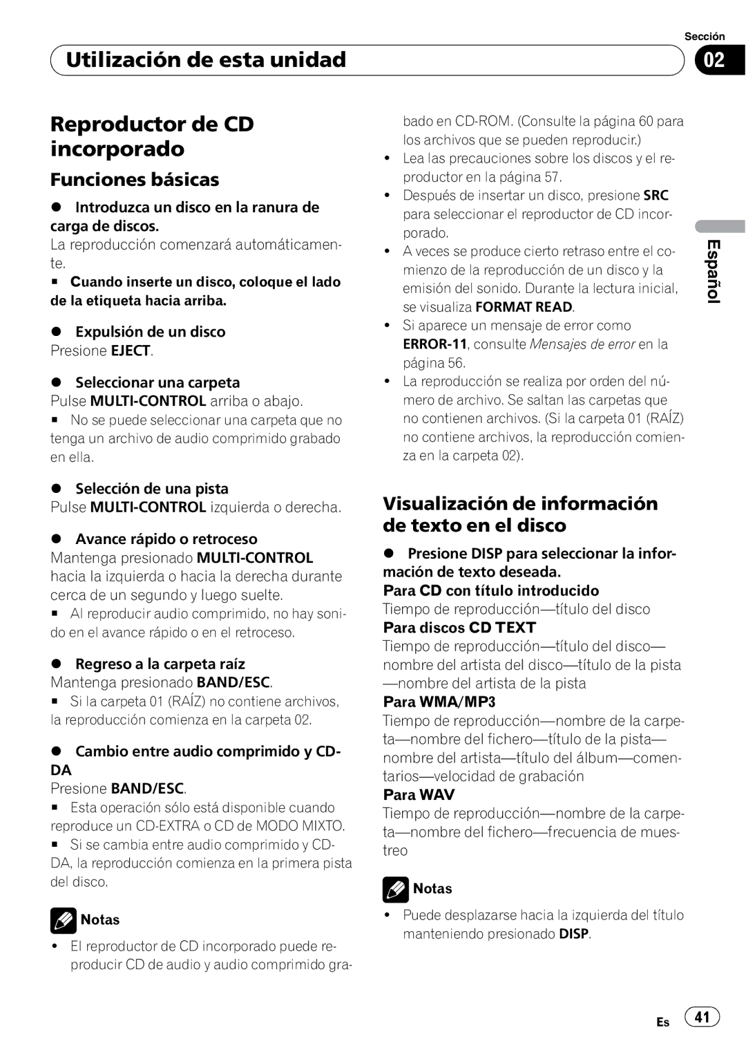 Pioneer DEH-3050UB operation manual Utilización de esta unidad Reproductor de CD incorporado 