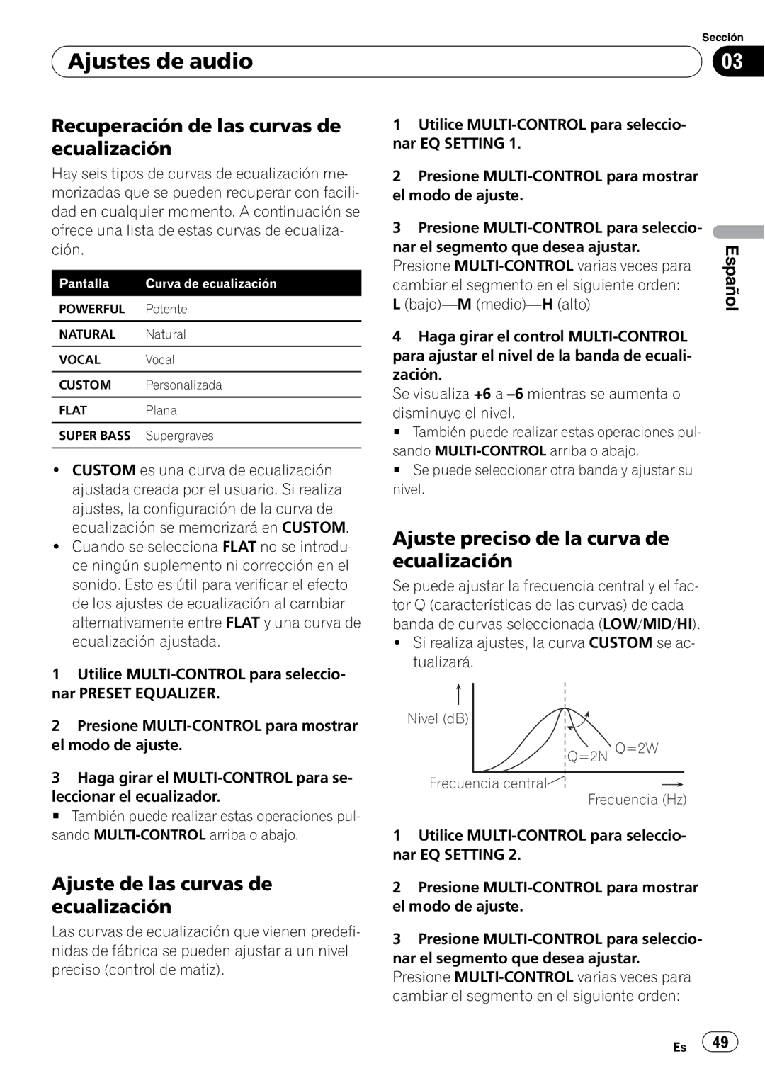 Pioneer DEH-3050UB Ajustes de audio, Recuperación de las curvas de ecualización, Ajuste de las curvas de ecualización 