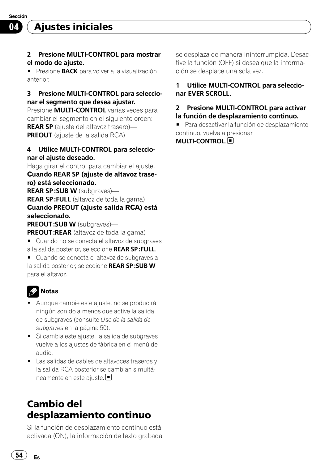 Pioneer DEH-3050UB operation manual Cambio del desplazamiento continuo, Multi-Control 