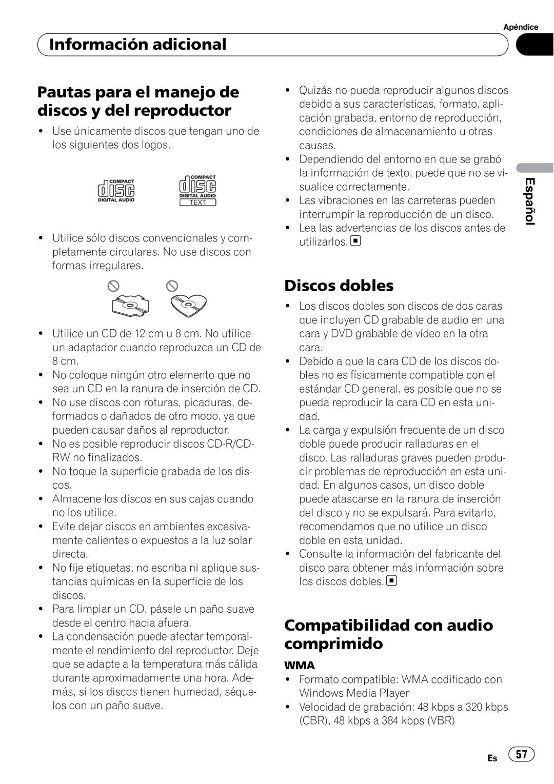 Pioneer DEH-3050UB operation manual Discos dobles, Compatibilidad con audio comprimido 