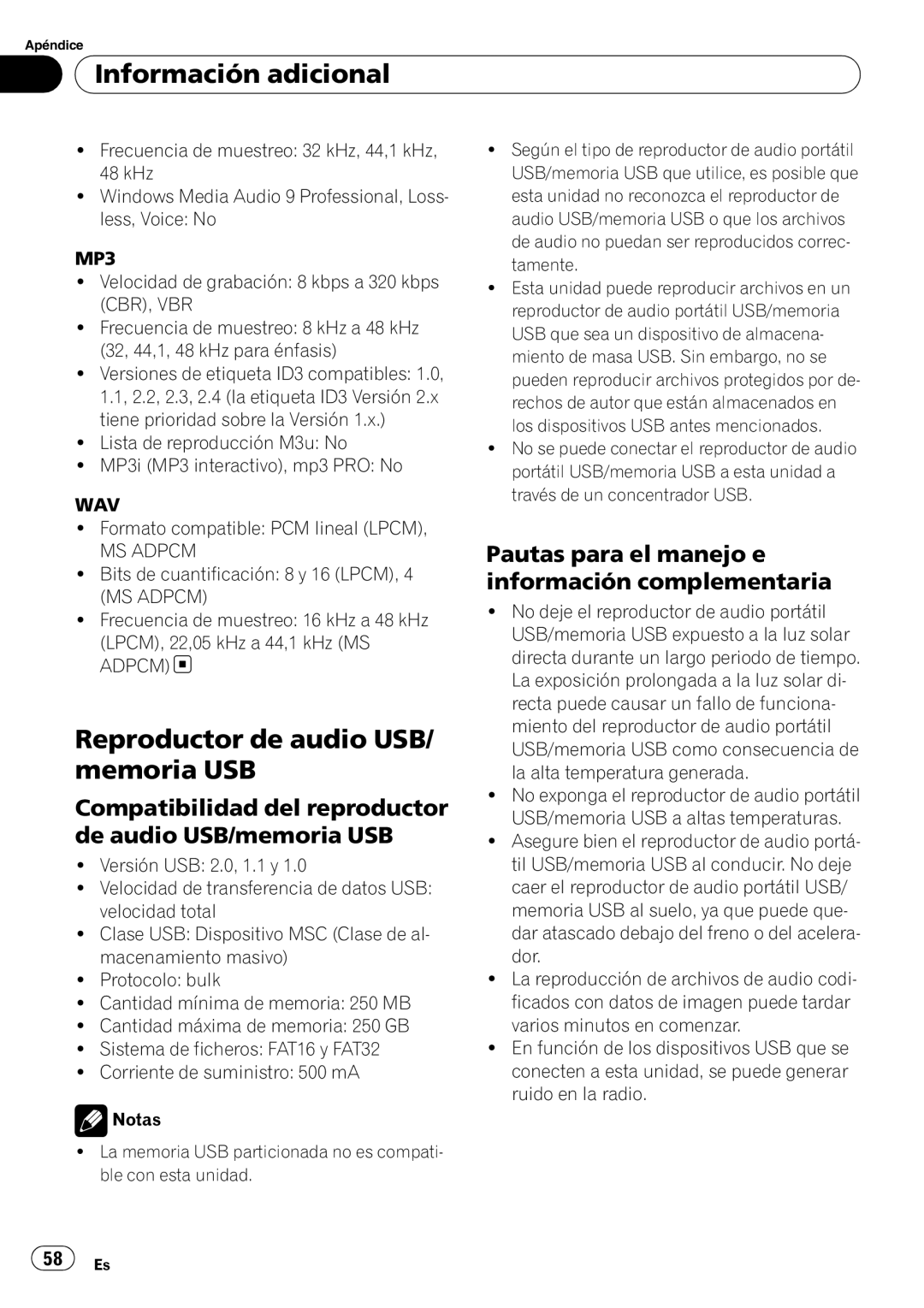 Pioneer DEH-3050UB Información adicional, Reproductor de audio USB/ memoria USB, Formato compatible PCM lineal Lpcm 