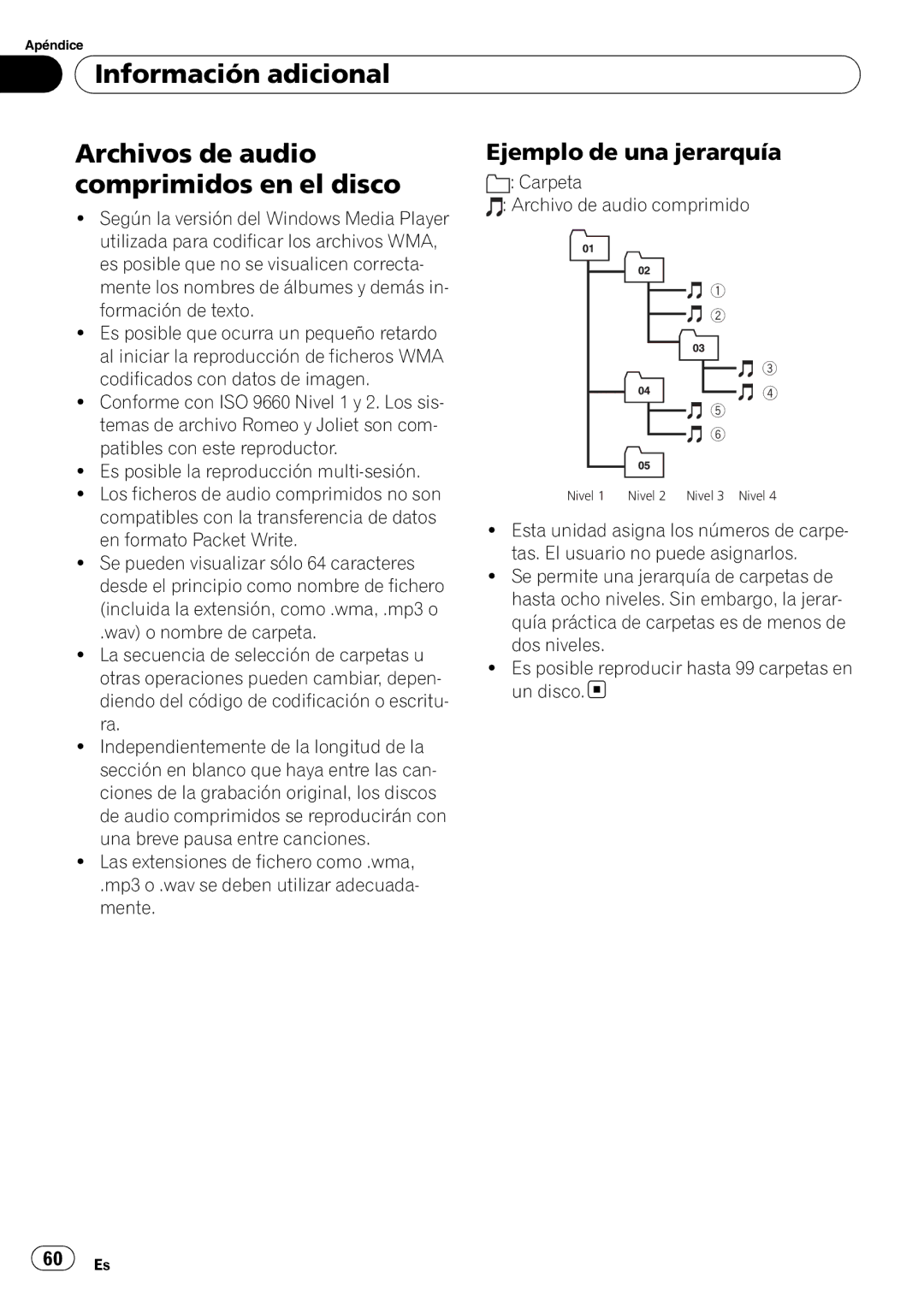 Pioneer DEH-3050UB Información adicional Archivos de audio, Comprimidos en el disco, Ejemplo de una jerarquía 