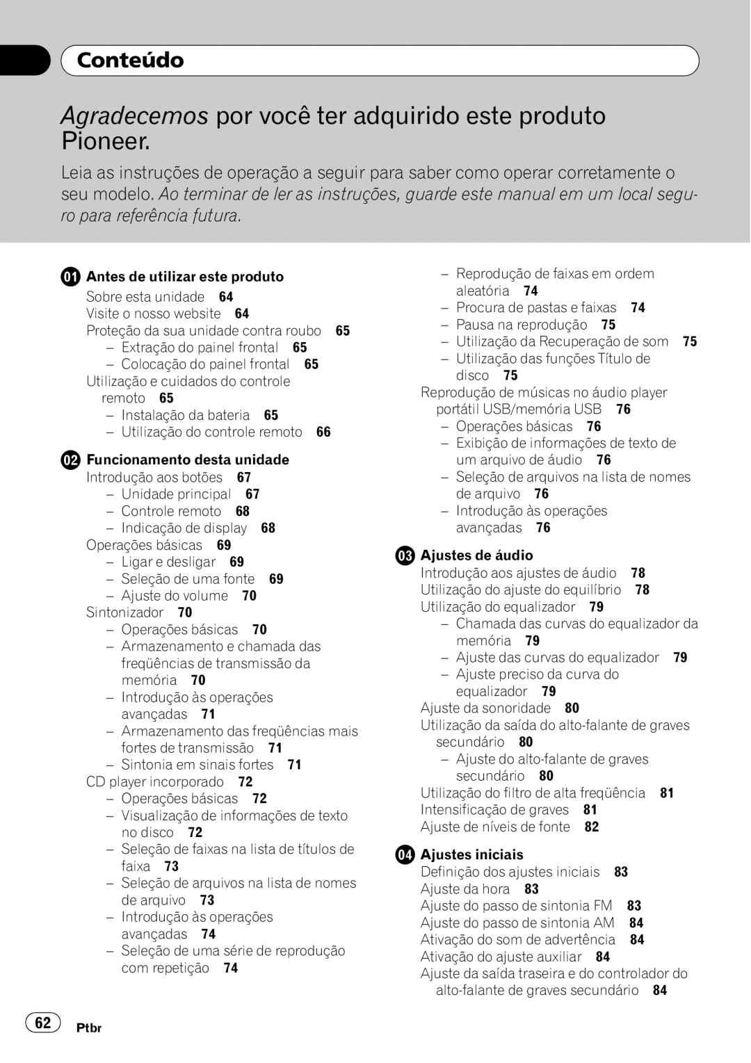 Pioneer DEH-3050UB operation manual Conteúdo, Ajustes de áudio, Ativação do ajuste auxiliar 