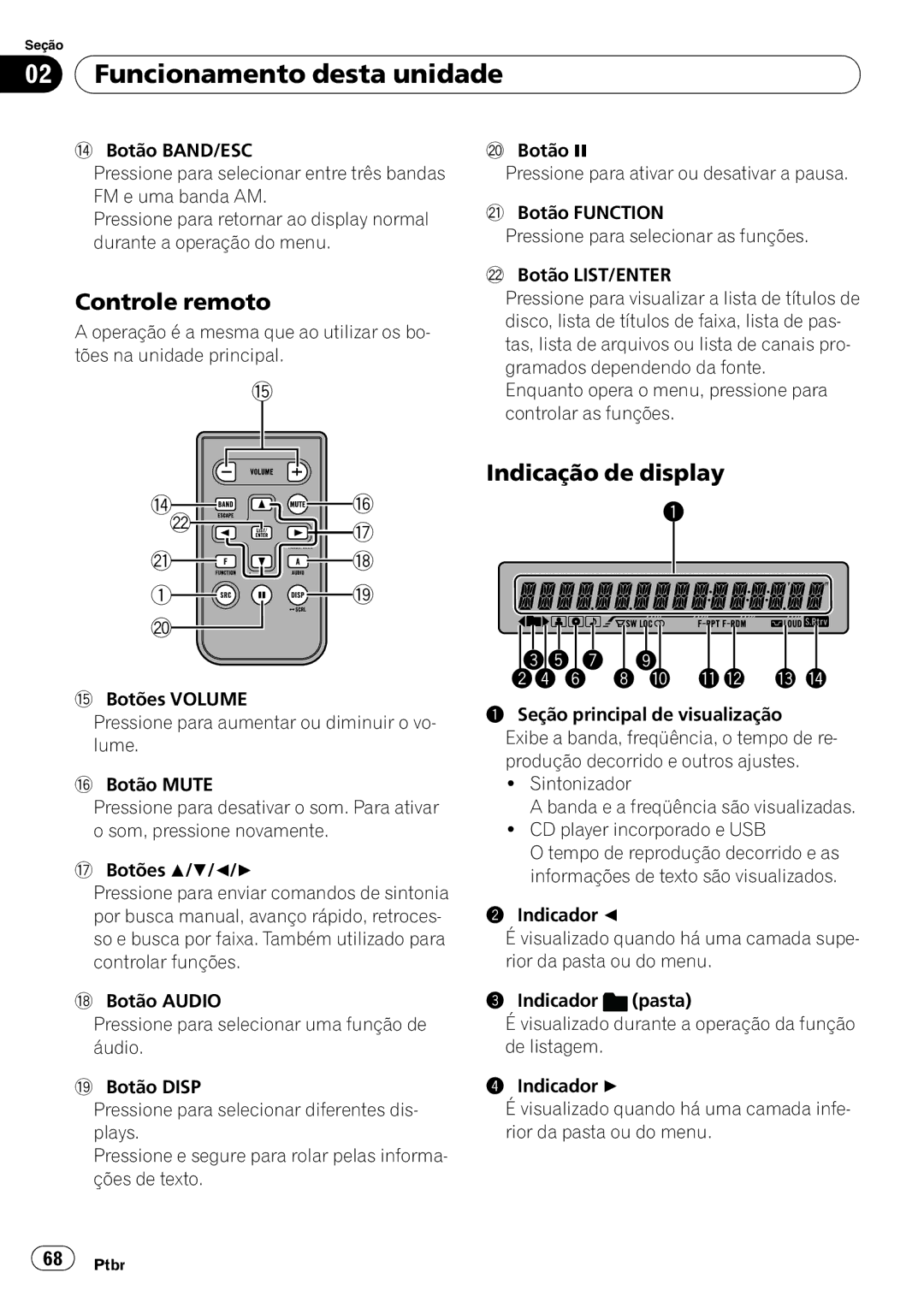 Pioneer DEH-3050UB operation manual Funcionamento desta unidade, Controle remoto, Indicação de display 