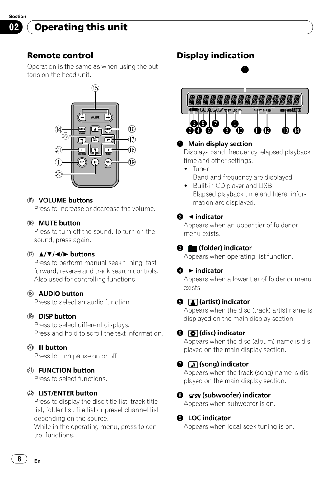 Pioneer DEH-3050UB operation manual Operating this unit, Remote control, Display indication 