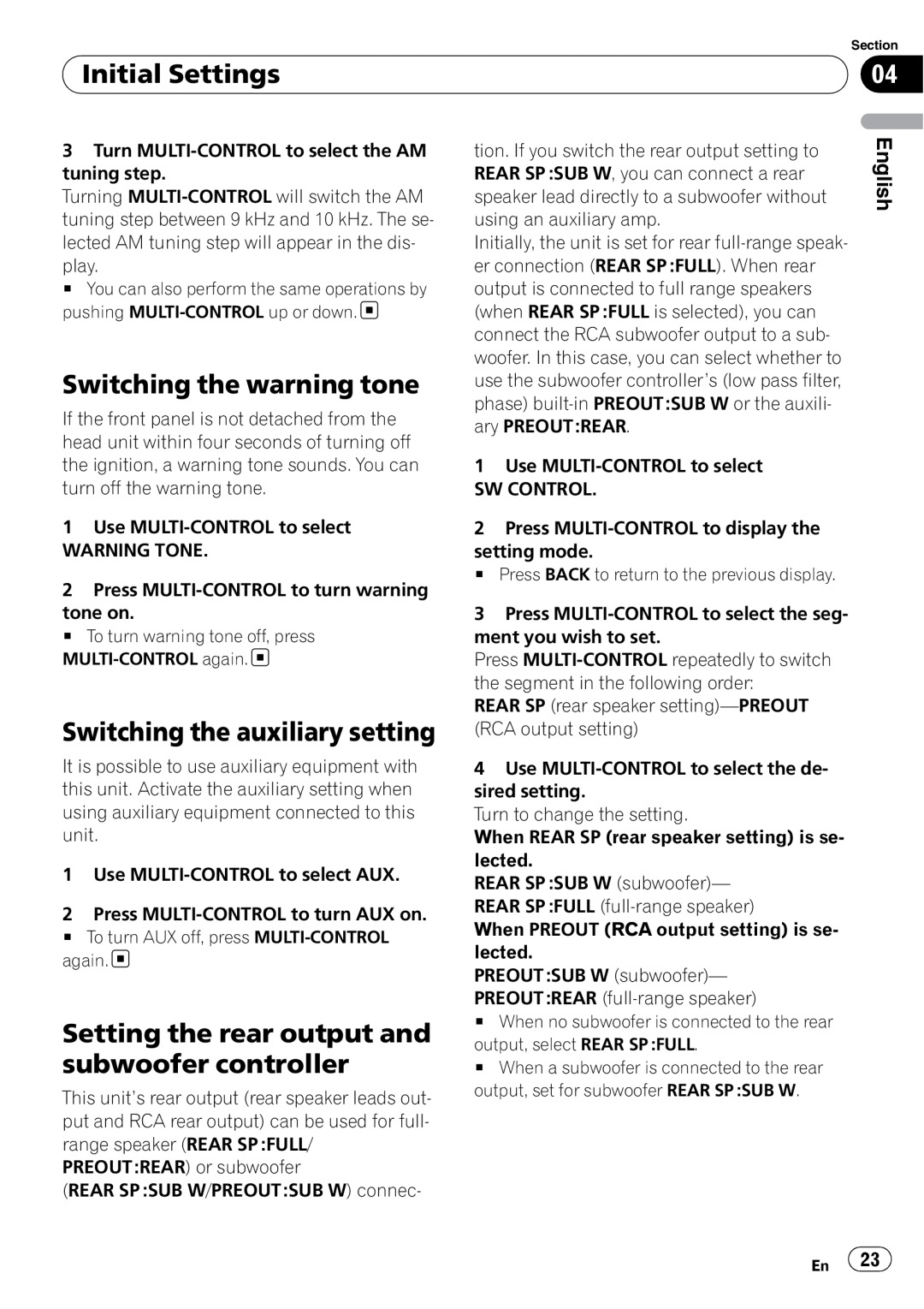 Pioneer DEH-3050UB operation manual Initial Settings, Switching the warning tone, Switching the auxiliary setting, English 