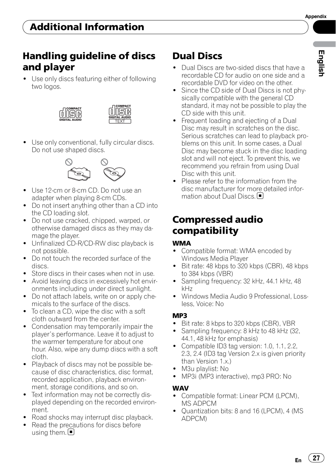 Pioneer DEH-3050UB Handling guideline of discs and player, Dual Discs, Compressed audio compatibility, English 