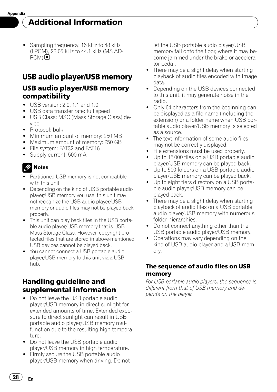 Pioneer DEH-3050UB USB audio player/USB memory compatibility, Handling guideline and supplemental information 