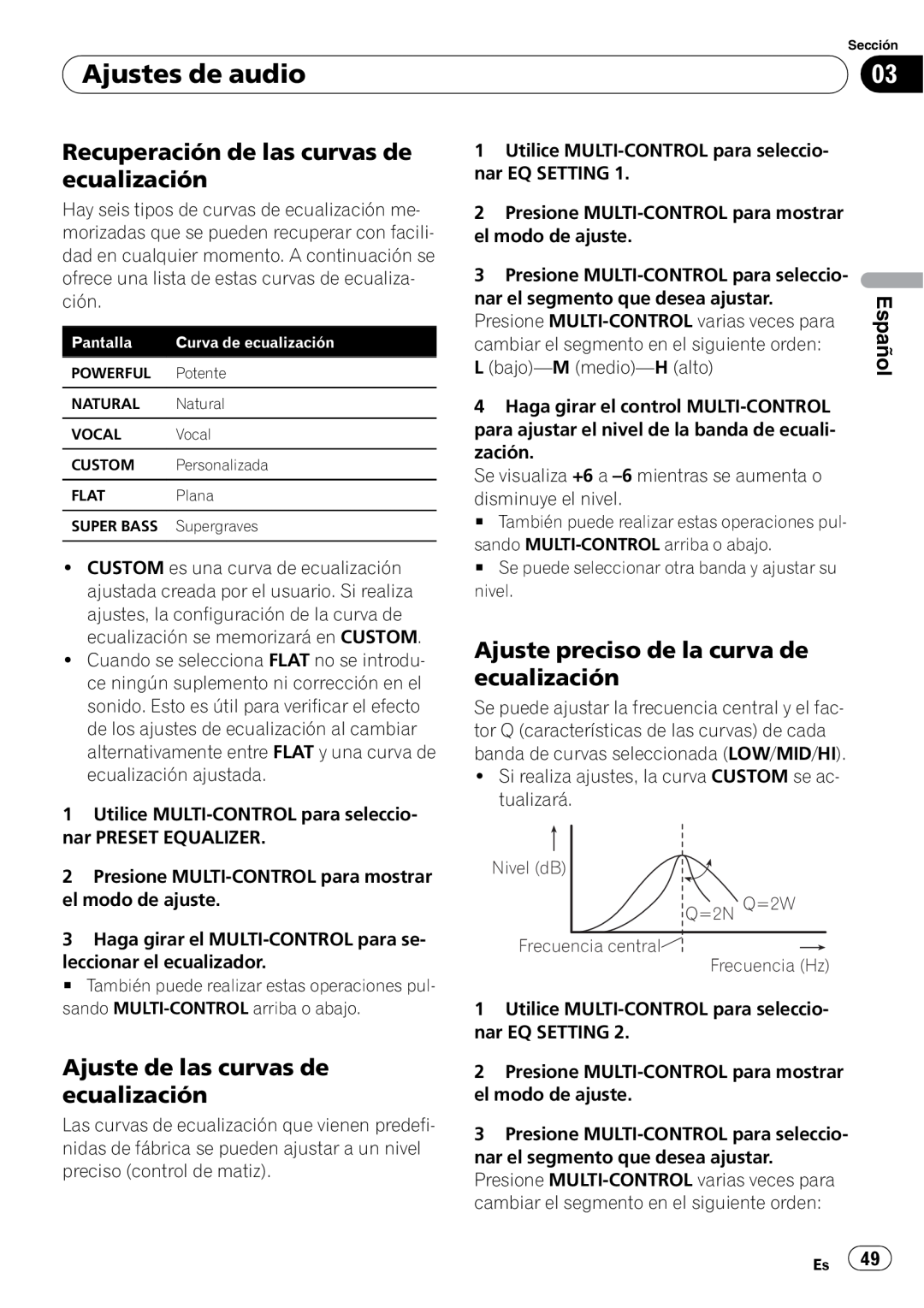 Pioneer DEH-3050UB Recuperación de las curvas de ecualización, Ajuste preciso de la curva de ecualización, Español 