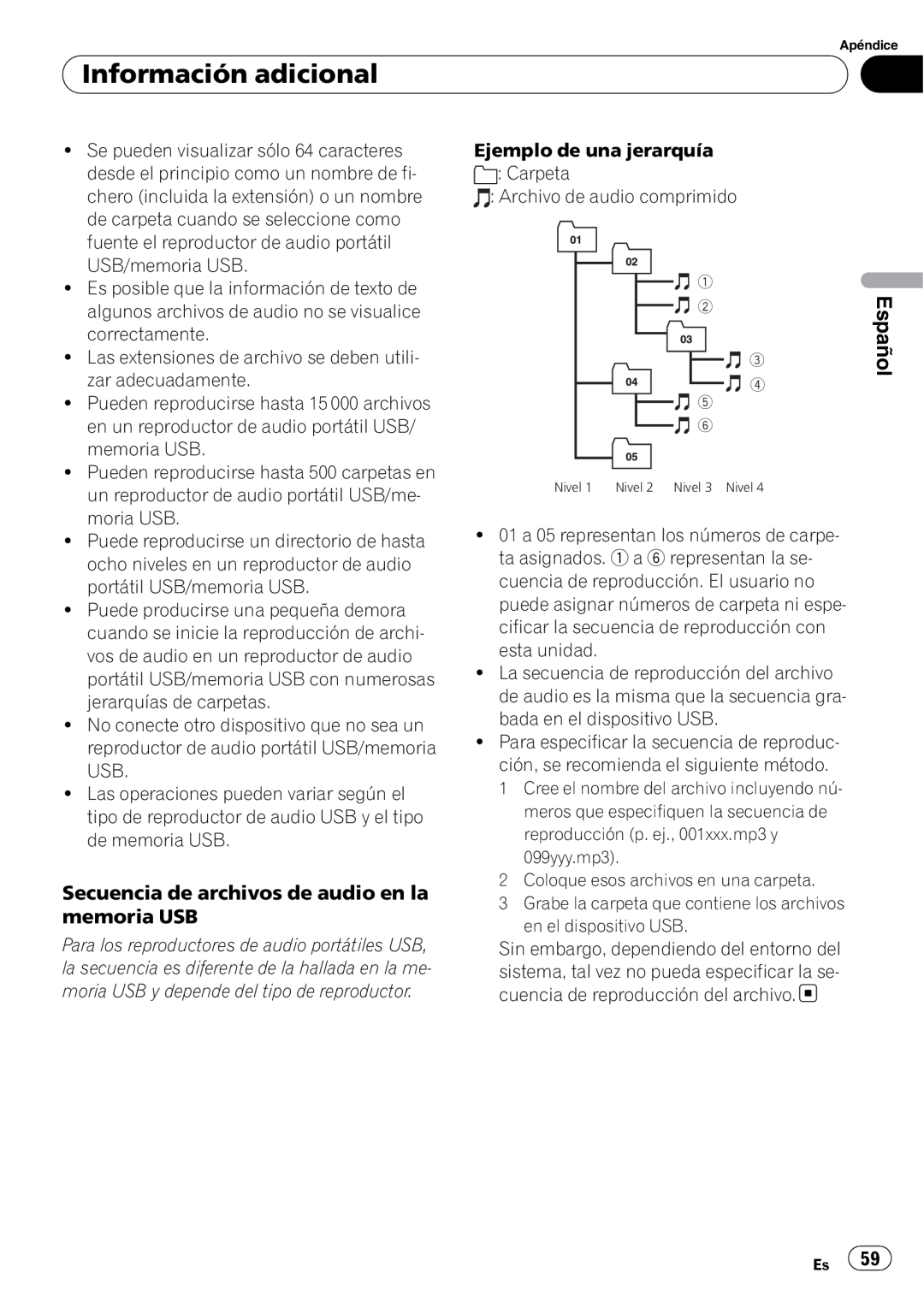 Pioneer DEH-3050UB operation manual Secuencia de archivos de audio en la memoria USB, Información adicional, Español 
