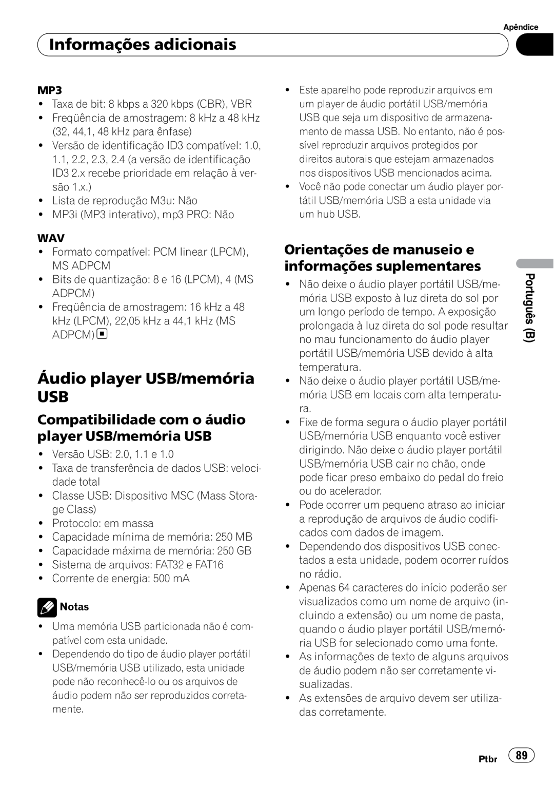 Pioneer DEH-3050UB operation manual Áudio player USB/memória USB, Informações adicionais 