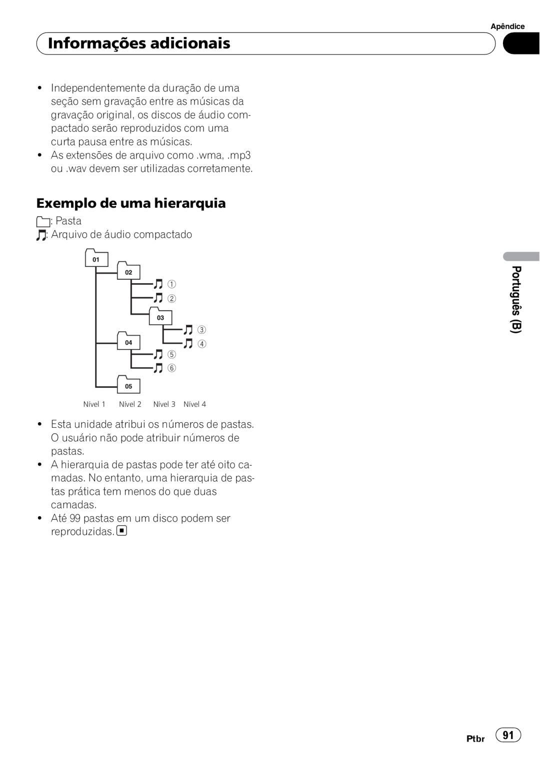 Pioneer DEH-3050UB operation manual Exemplo de uma hierarquia, Informações adicionais 