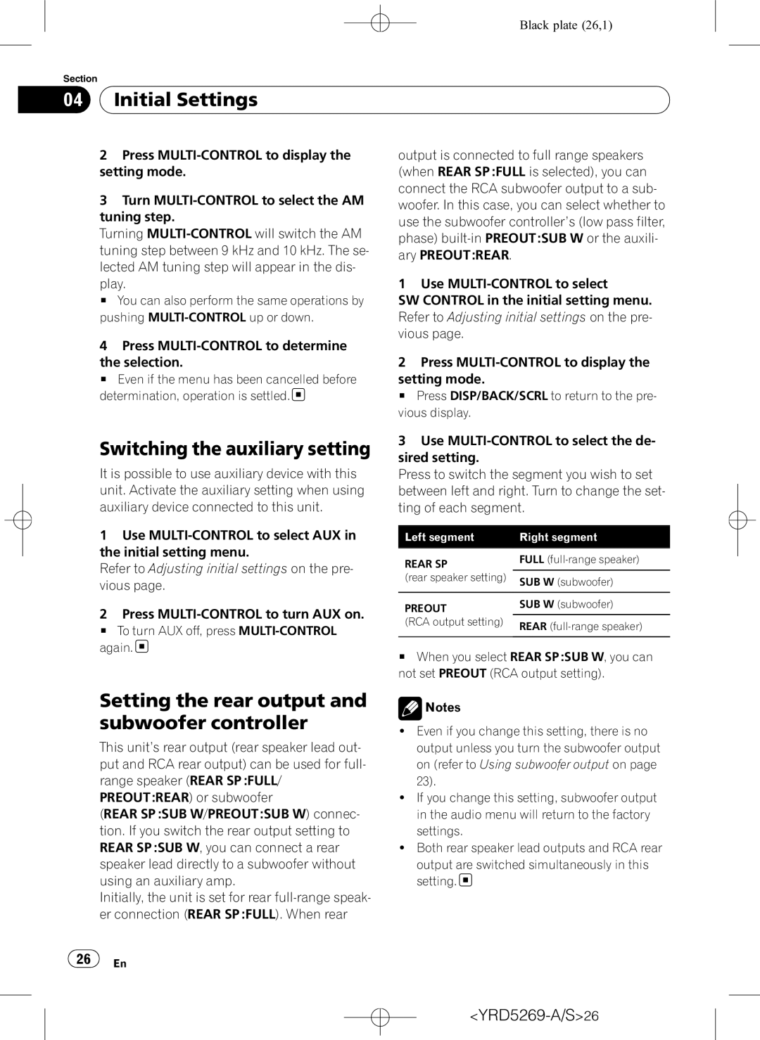 Pioneer DEH-3100UB Initial Settings, Switching the auxiliary setting, Setting the rear output and subwoofer controller 