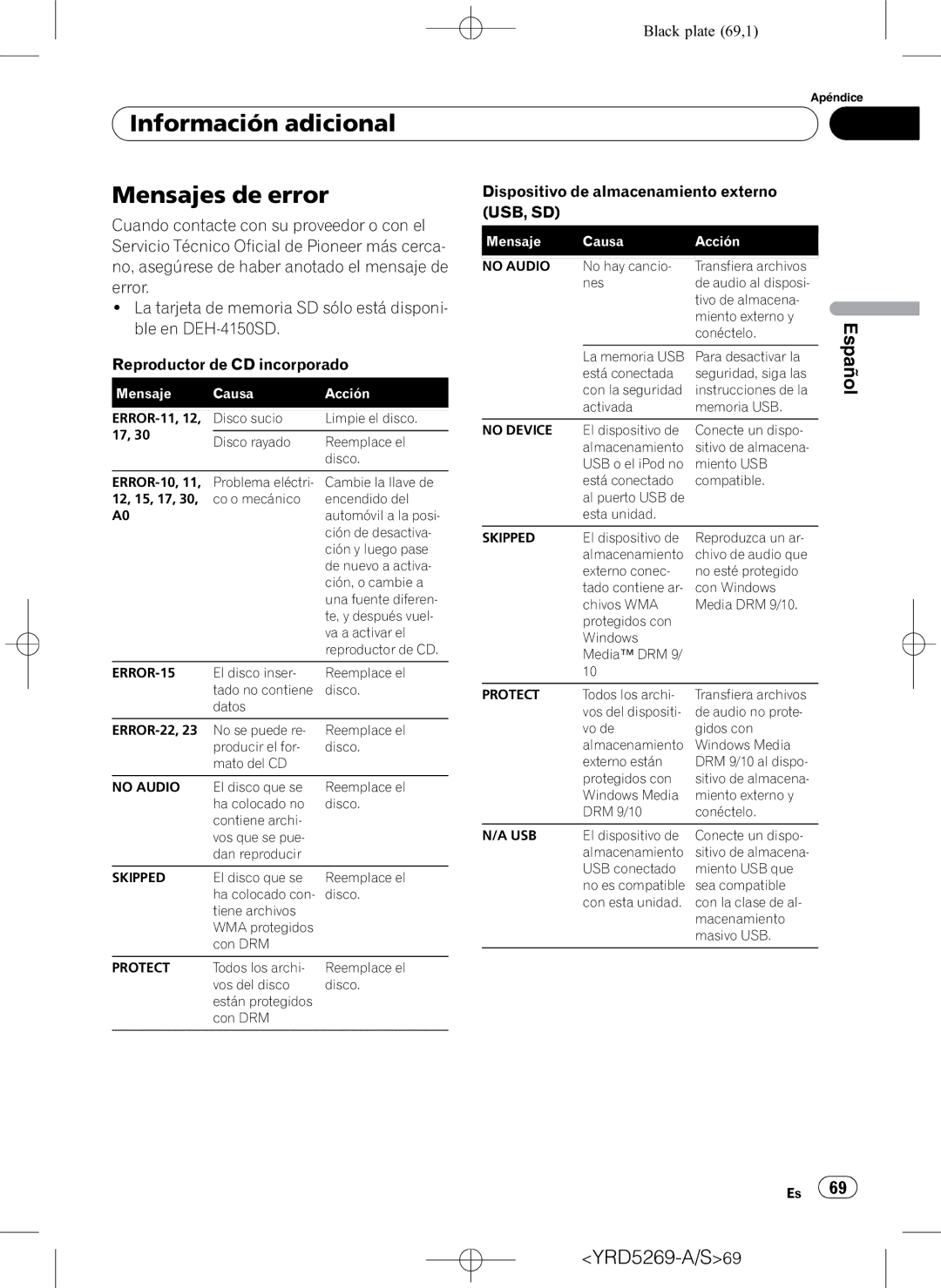 Pioneer DEH-3100UB operation manual Información adicional Mensajes de error, Usb, Sd 