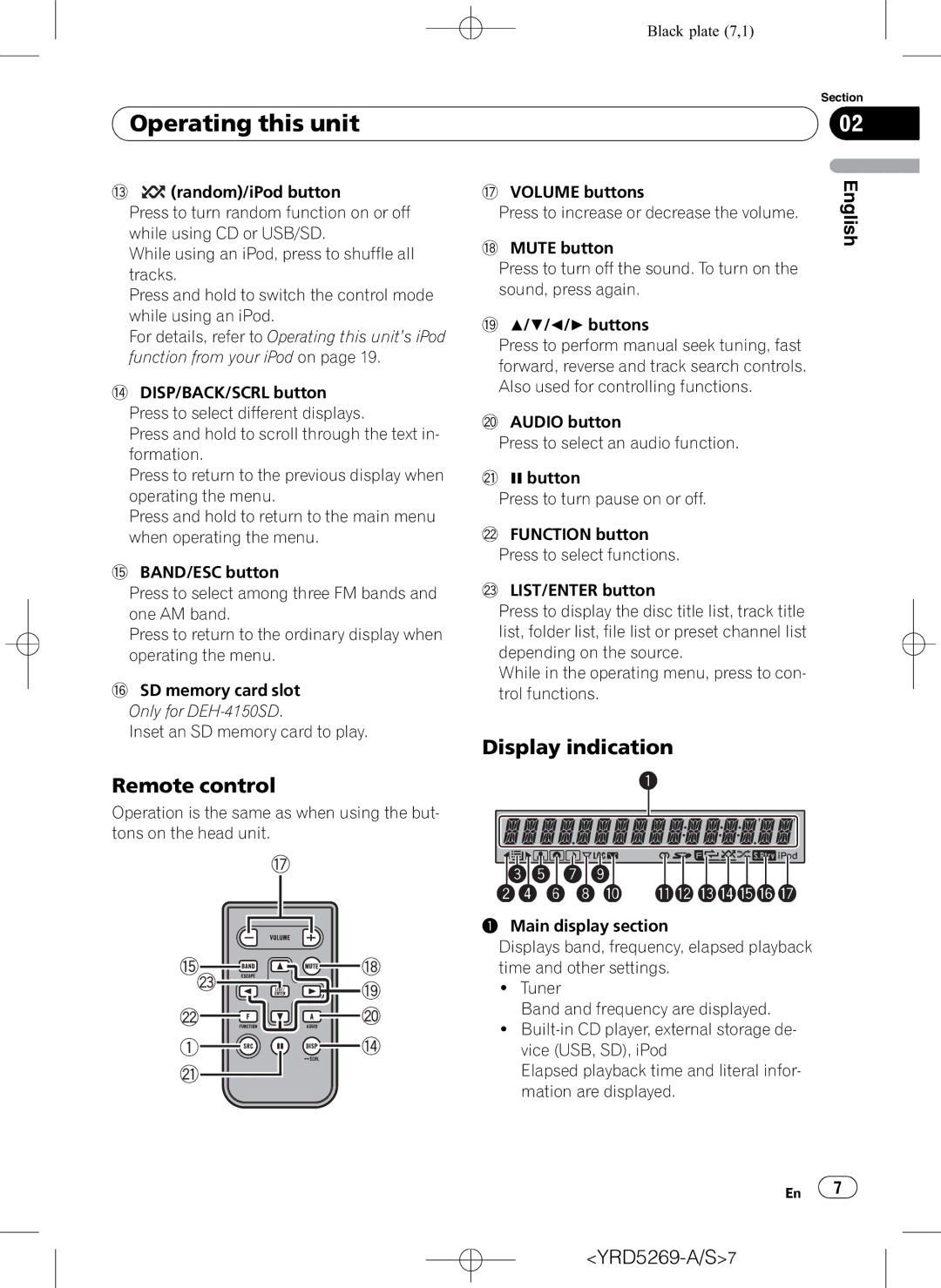 Pioneer DEH-3100UB operation manual Operating this unit, Remote control, Display indication 