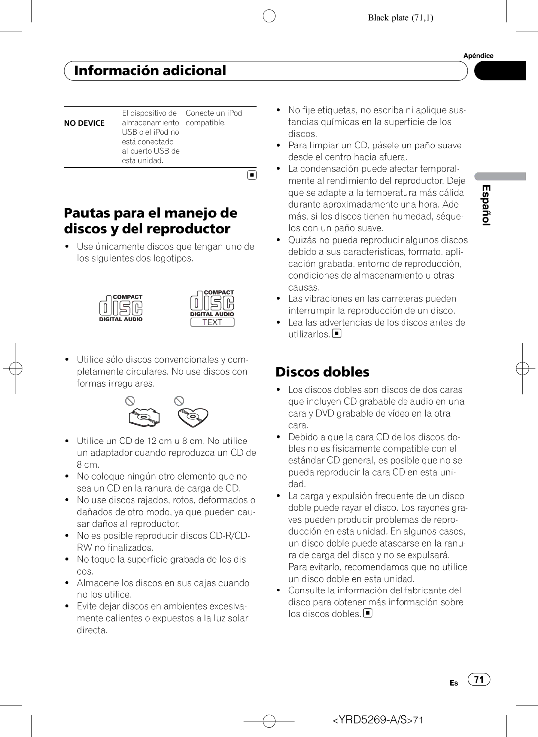 Pioneer DEH-3100UB operation manual Pautas para el manejo de discos y del reproductor, Discos dobles 