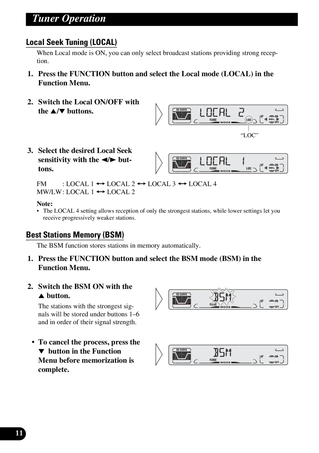 Pioneer DEH-3110 operation manual Tuner Operation, Local Seek Tuning Local, Best Stations Memory BSM 