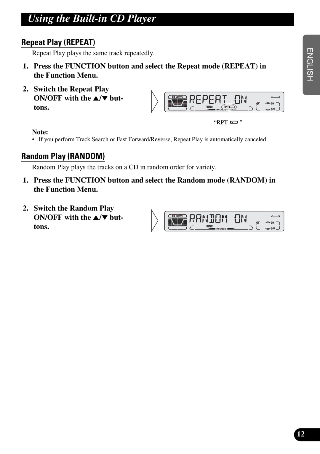 Pioneer DEH-3110 operation manual Using the Built-in CD Player, Repeat Play Repeat, Random Play Random 