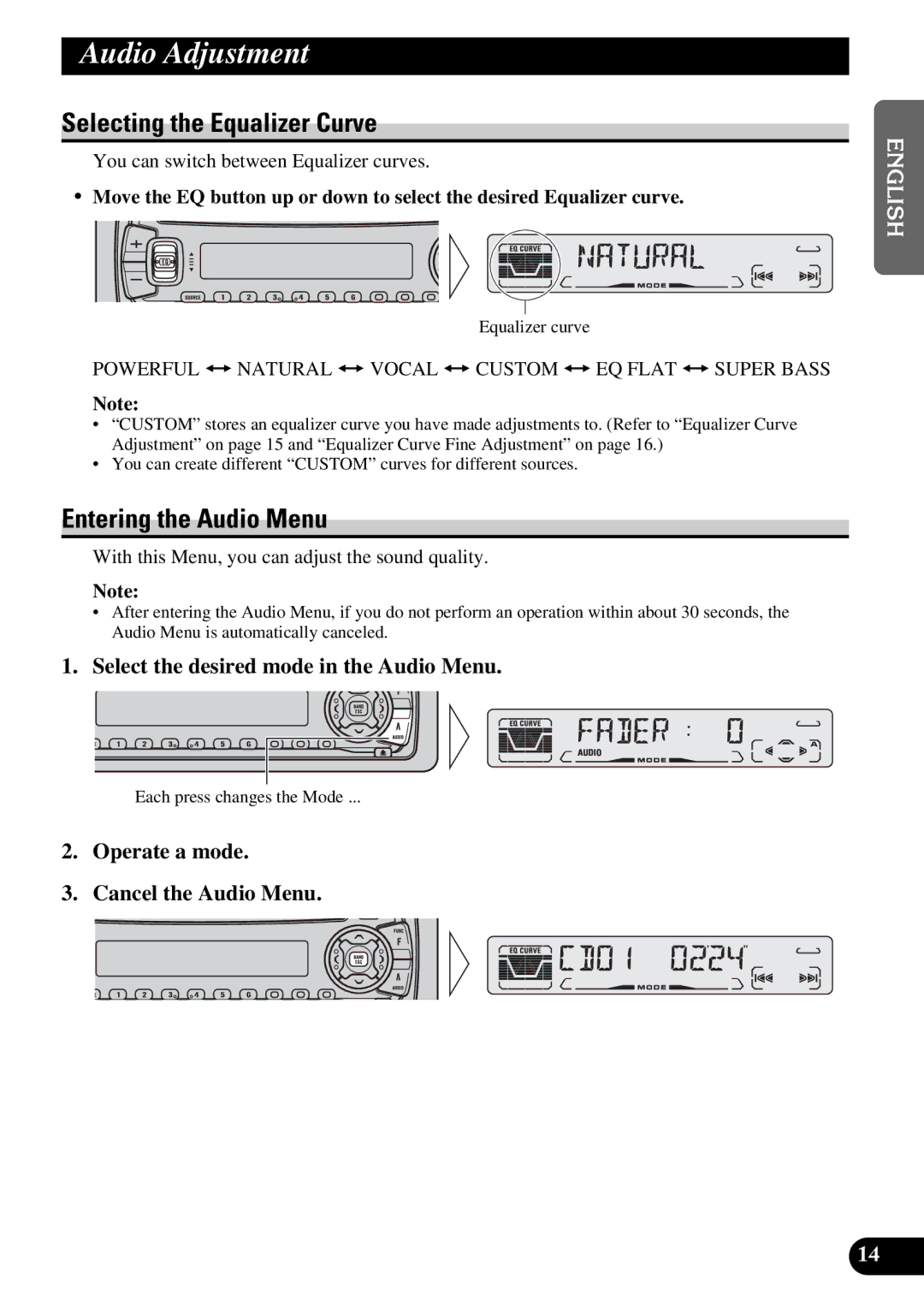 Pioneer DEH-3110 operation manual Audio Adjustment, Selecting the Equalizer Curve, Entering the Audio Menu 