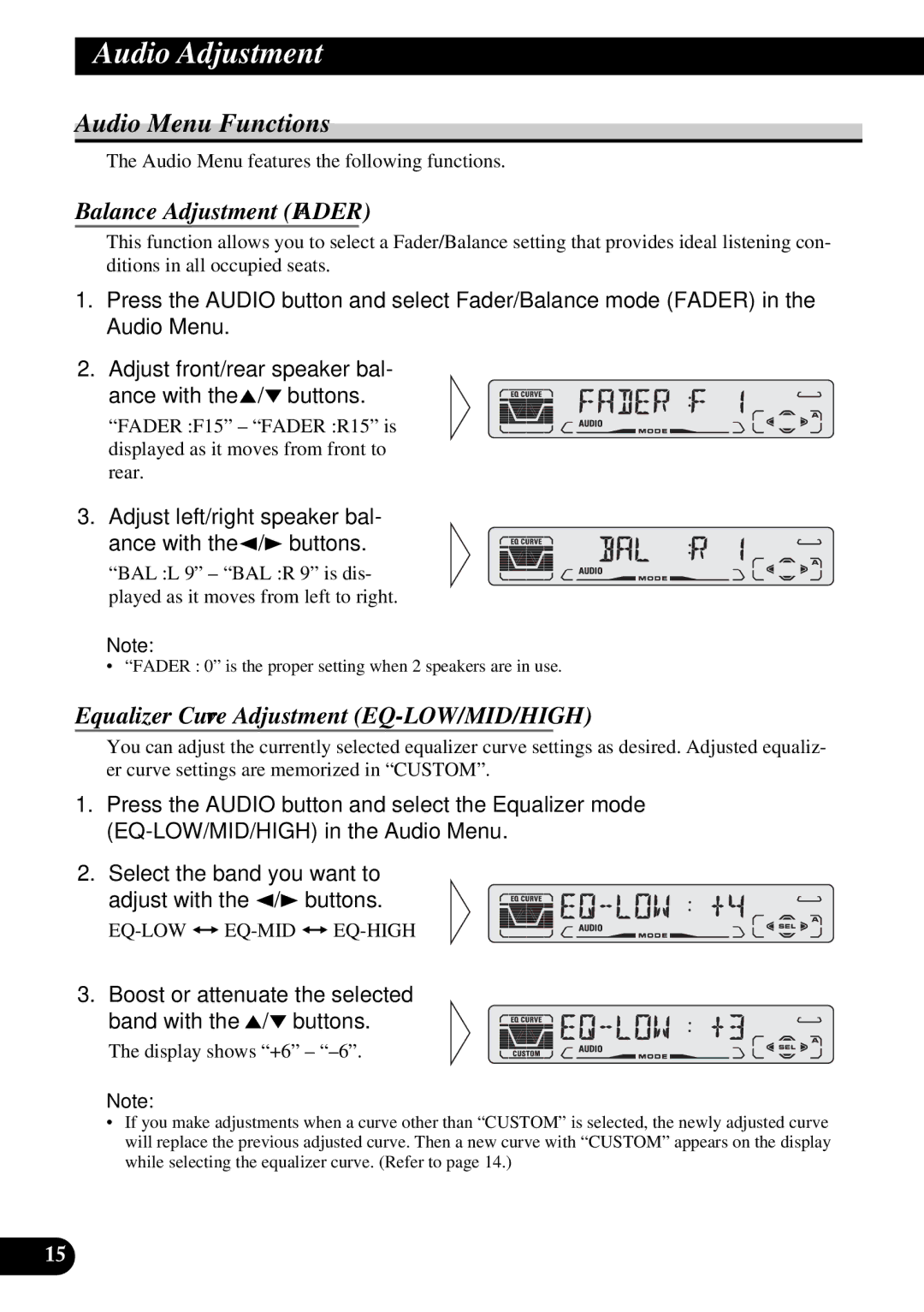 Pioneer DEH-3110 operation manual Audio AdjustmentEa, Audio Menu Functions, Balance Adjustment Fader 