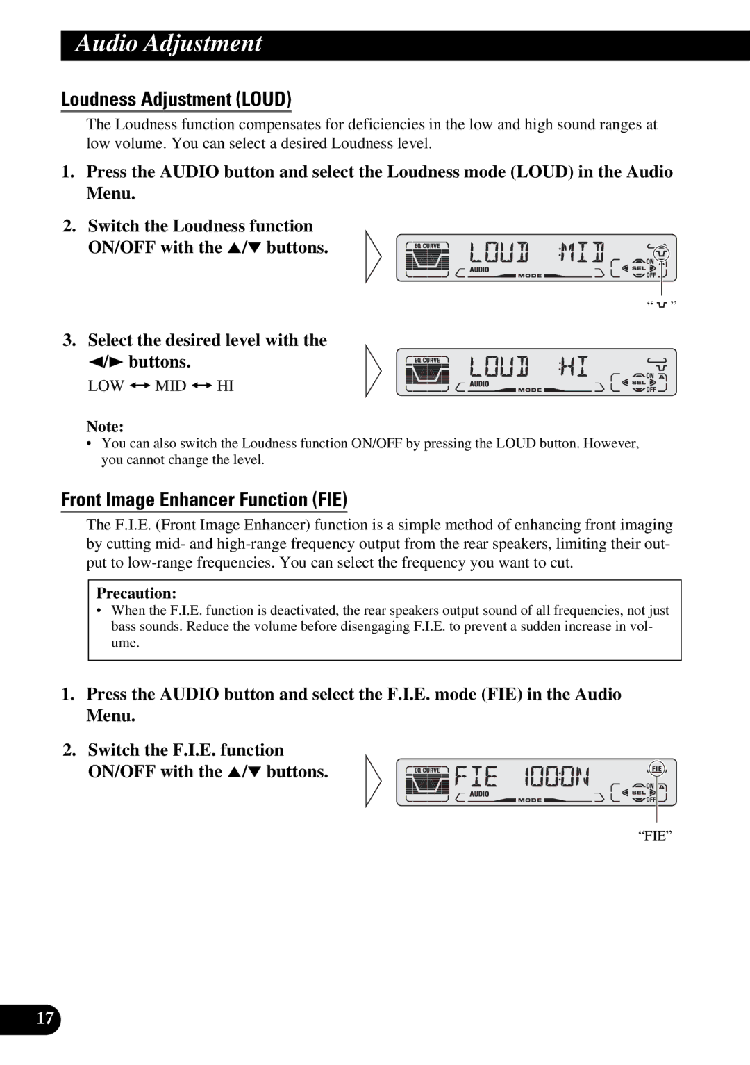 Pioneer DEH-3110 operation manual Loudness Adjustment Loud, Front Image Enhancer Function FIE, Precaution 