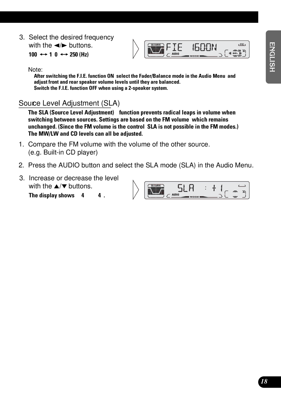 Pioneer DEH-3110 operation manual Source Level Adjustment SLA, 100 += 160 += 250 Hz 