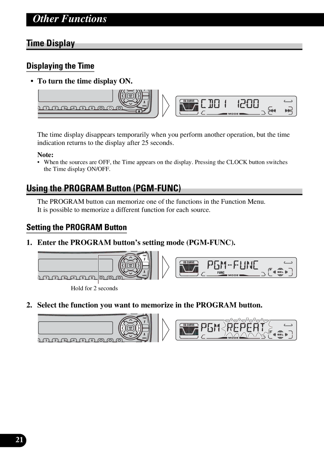 Pioneer DEH-3110 Time Display, Using the Program Button PGM-FUNC, Displaying the Time, Setting the Program Button 