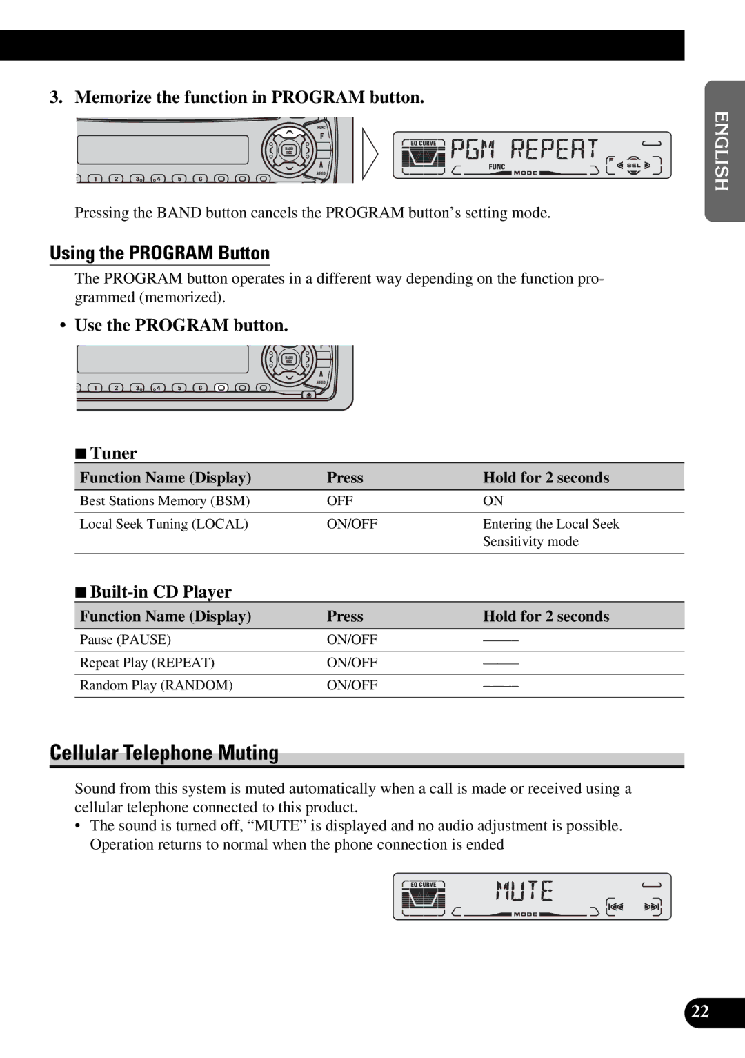 Pioneer DEH-3110 Cellular Telephone Muting, Using the Program Button, Memorize the function in Program button 