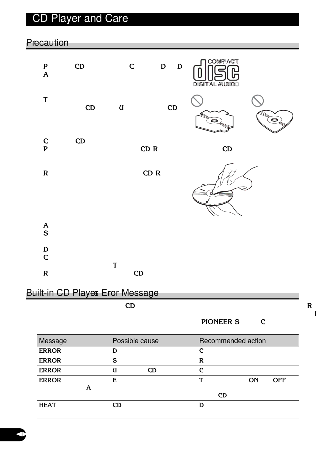 Pioneer DEH-3110 CD Player and Care, Built-in CD Player’s Error Message, Message Possible cause Recommended action 