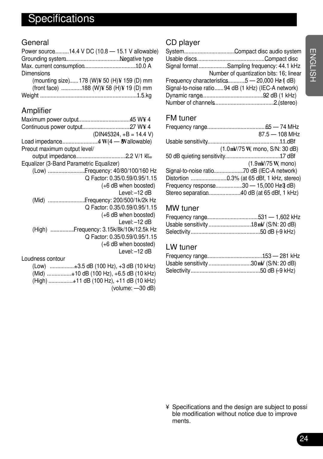 Pioneer DEH-3110 operation manual Specifications 