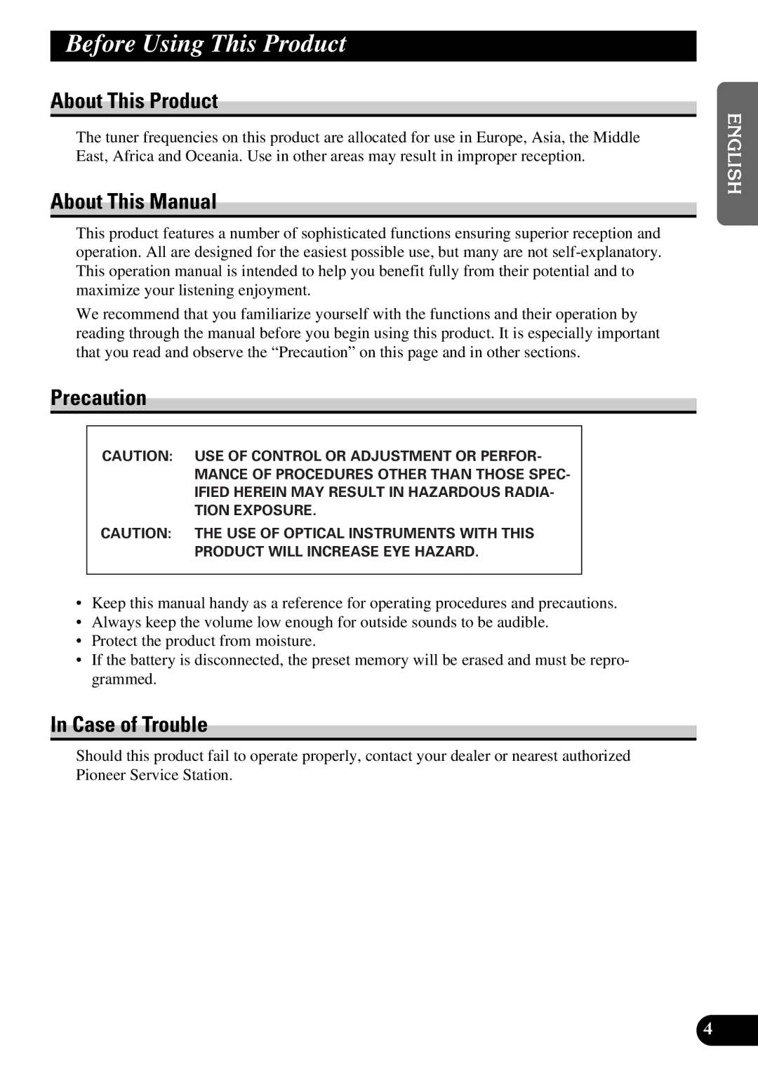 Pioneer DEH-3110 Before Using This Product, About This Product, About This Manual, Precaution, Case of Trouble 