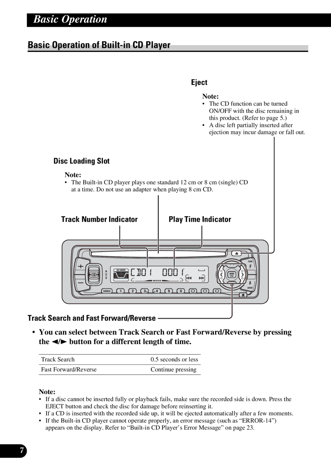 Pioneer DEH-3110 operation manual Basic Operation of Built-in CD Player, Eject, Disc Loading Slot 