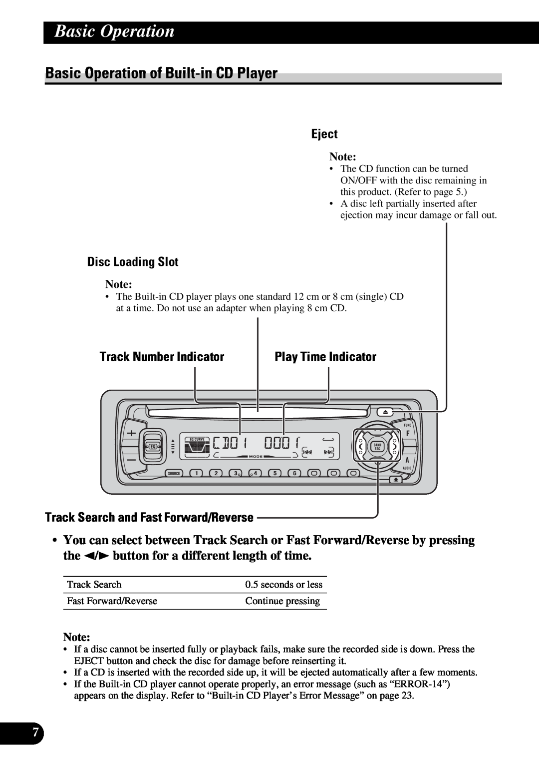 Pioneer DEH-3110 operation manual Basic Operation of Built-inCD Player, Eject, Disc Loading Slot, Track Number Indicator 