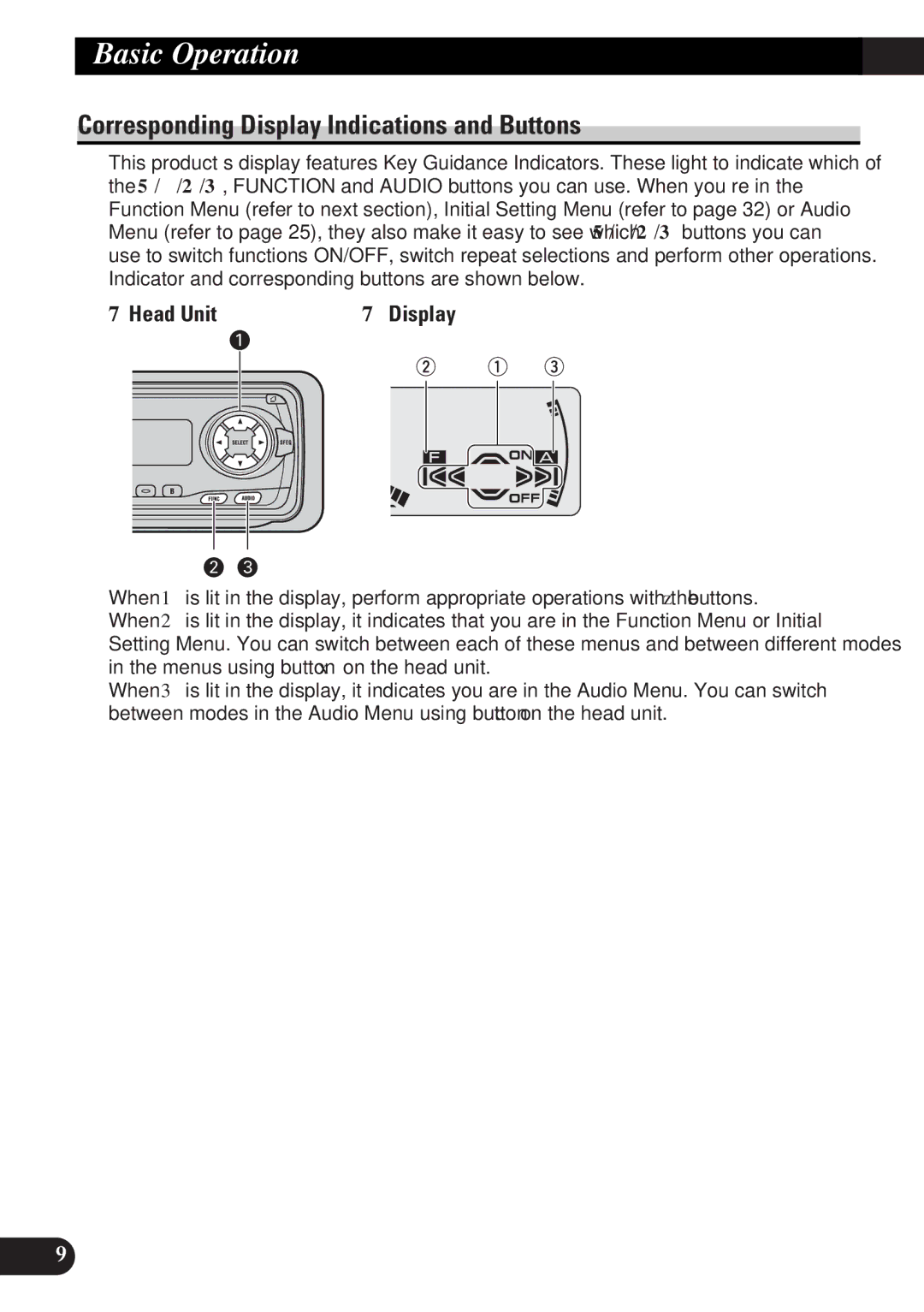 Pioneer DEH-3330R, DEH-3300R operation manual Corresponding Display Indications and Buttons, 7Head Unit Display 