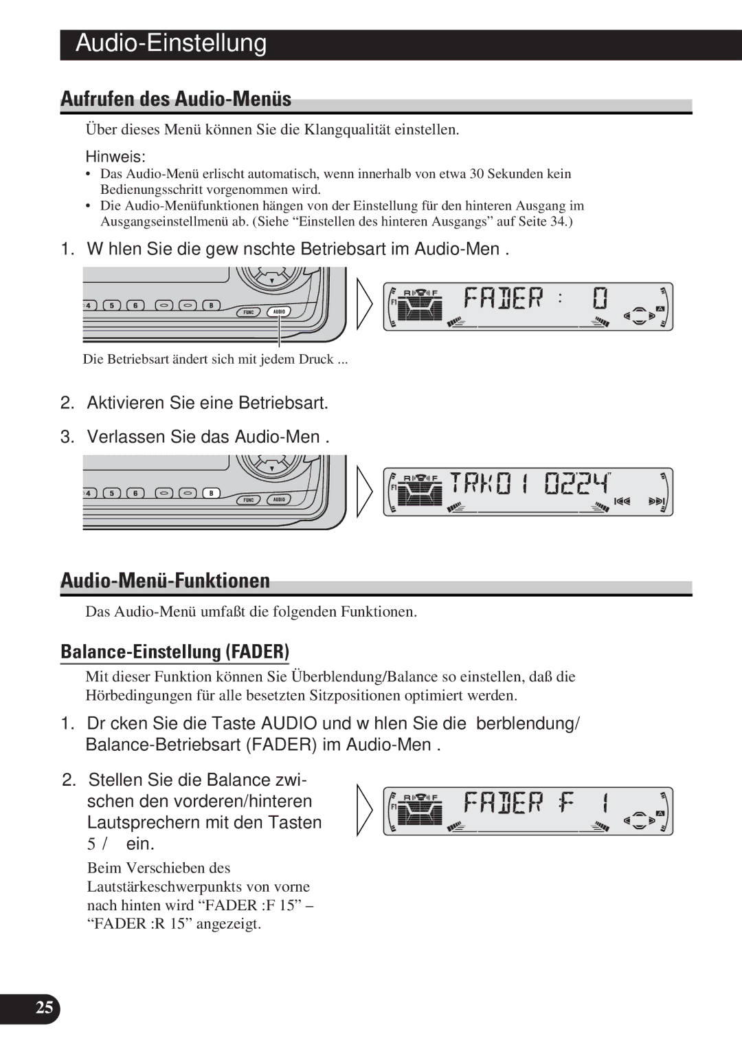 Pioneer DEH-3330R, DEH-3300R operation manual AudioTitle-EinstellungEnglish, Aufrufen des Audio-Menüs, Audio-Menü-Funktionen 