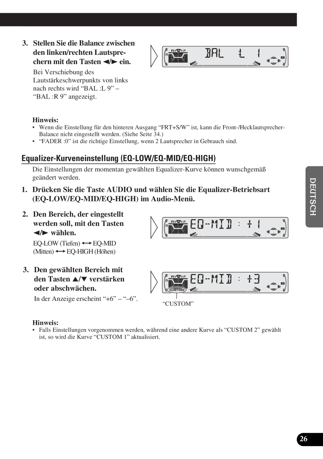 Pioneer DEH-3300R, DEH-3330R operation manual Title English, Equalizer-Kurveneinstellung EQ-LOW/EQ-MID/EQ-HIGH 