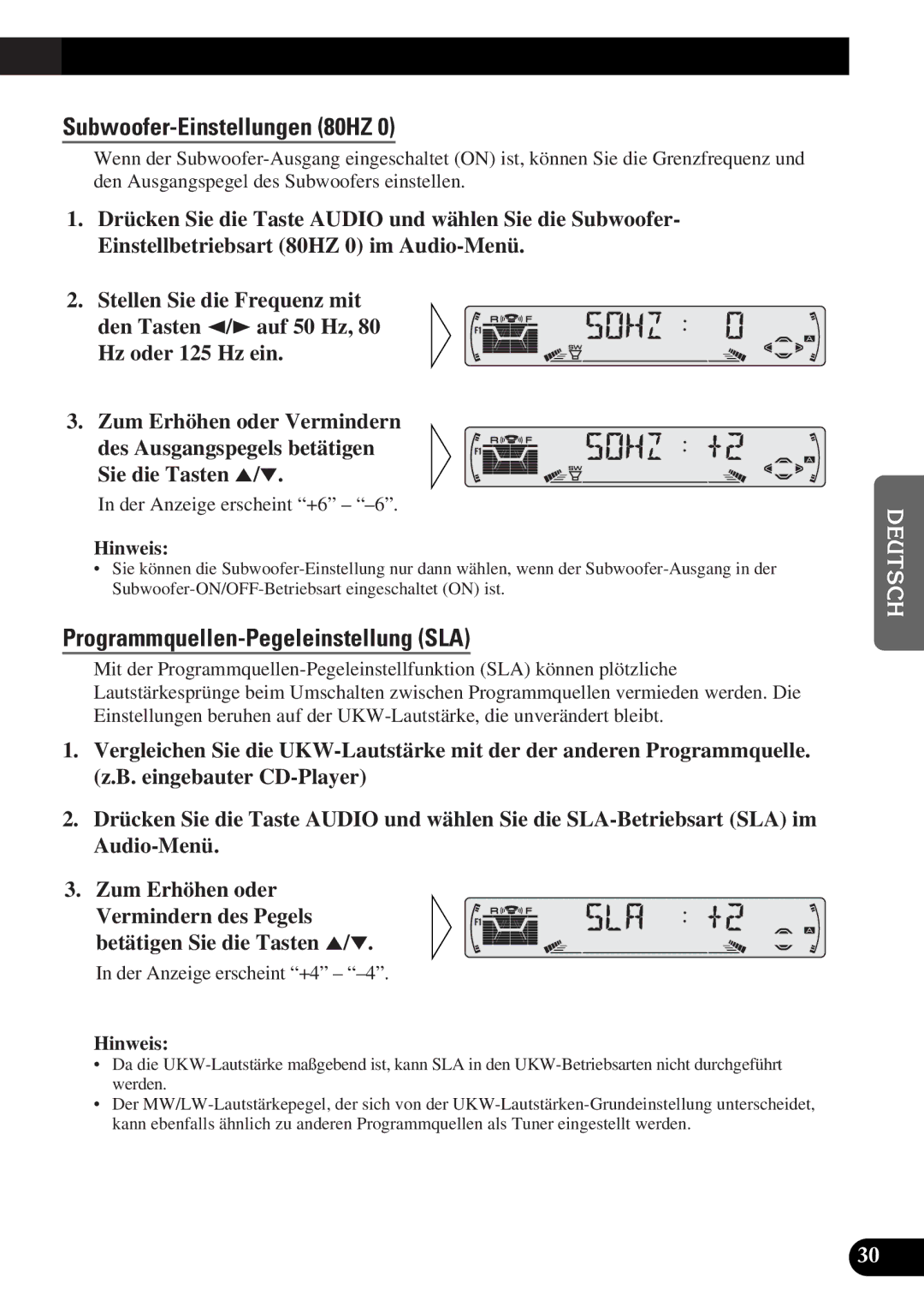 Pioneer DEH-3300R, DEH-3330R operation manual Subwoofer-Einstellungen 80HZ, Programmquellen-Pegeleinstellung SLA 