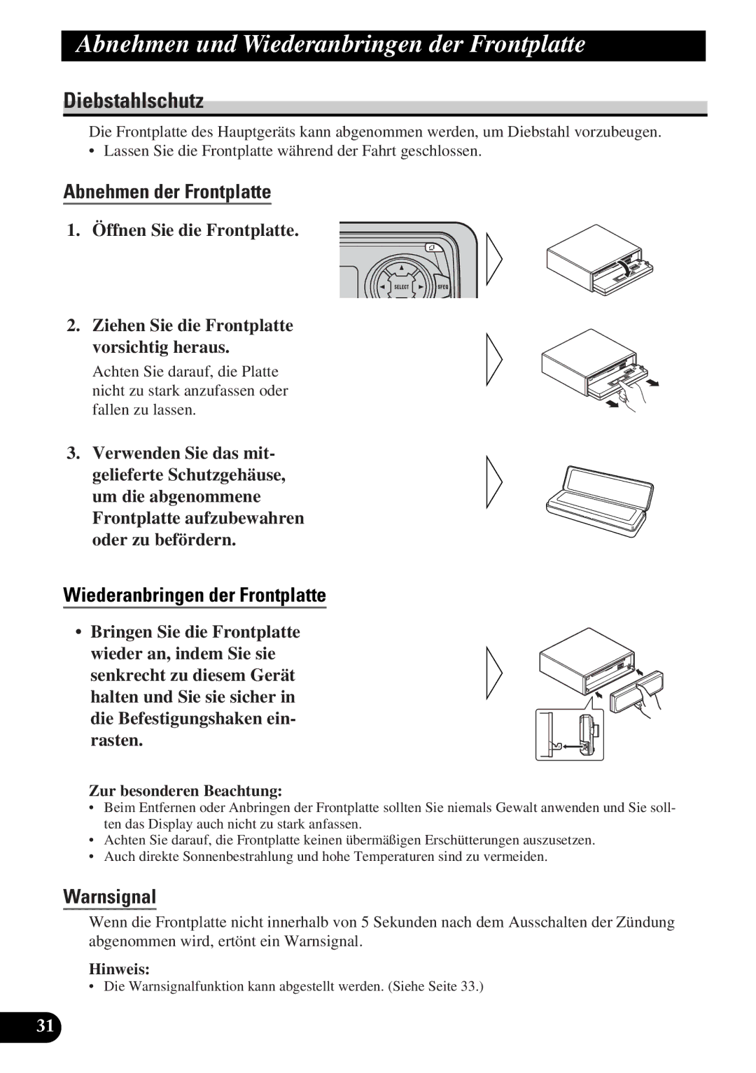 Pioneer DEH-3330R Abnehmen und Wiederanbringen der Frontplatte, Diebstahlschutz, Abnehmen der Frontplatte, Warnsignal 