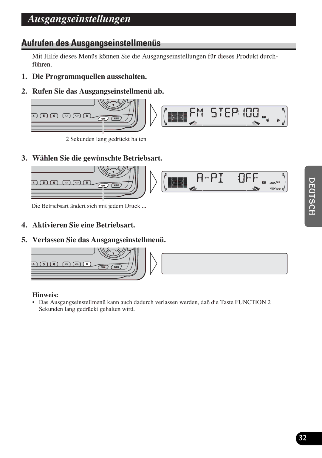 Pioneer DEH-3300R, DEH-3330R operation manual AusgangseinstellungenTitle English, Aufrufen des Ausgangseinstellmenüs 