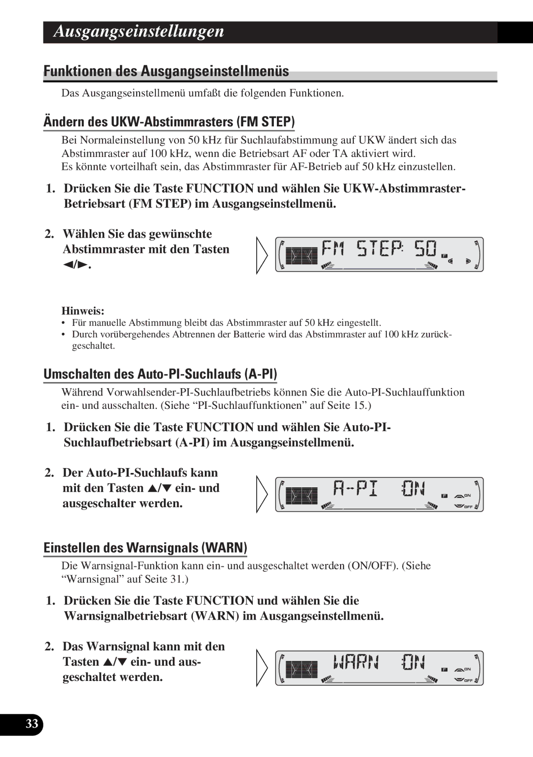 Pioneer DEH-3330R, DEH-3300R operation manual Funktionen des Ausgangseinstellmenüs, Ändern des UKW-Abstimmrasters FM Step 