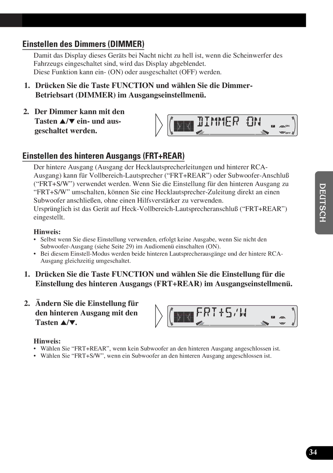 Pioneer DEH-3300R, DEH-3330R operation manual Einstellen des Dimmers Dimmer, Einstellen des hinteren Ausgangs FRT+REAR 