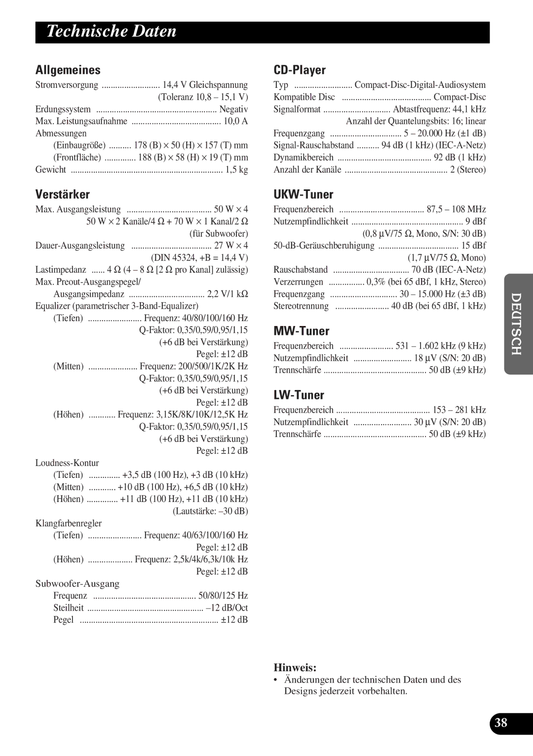 Pioneer DEH-3300R, DEH-3330R operation manual Technische Daten 