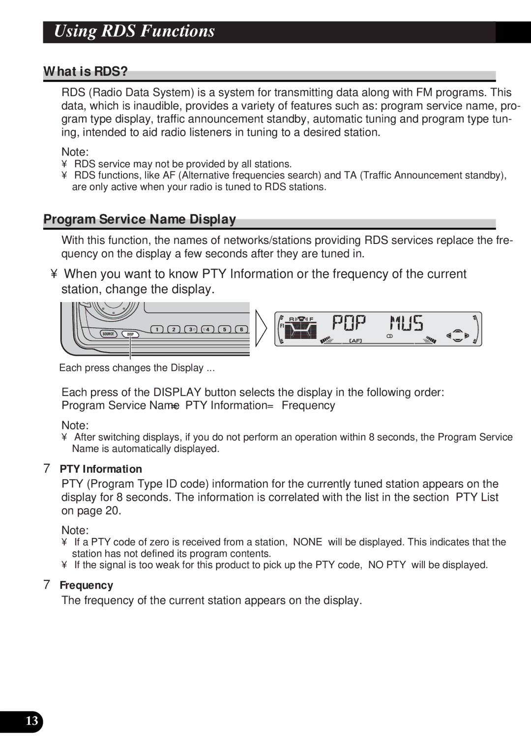 Pioneer DEH-3330R UsingA TitleRDSEnglishFunctions, What is RDS?, Program Service Name Display, PTY Information, Frequency 