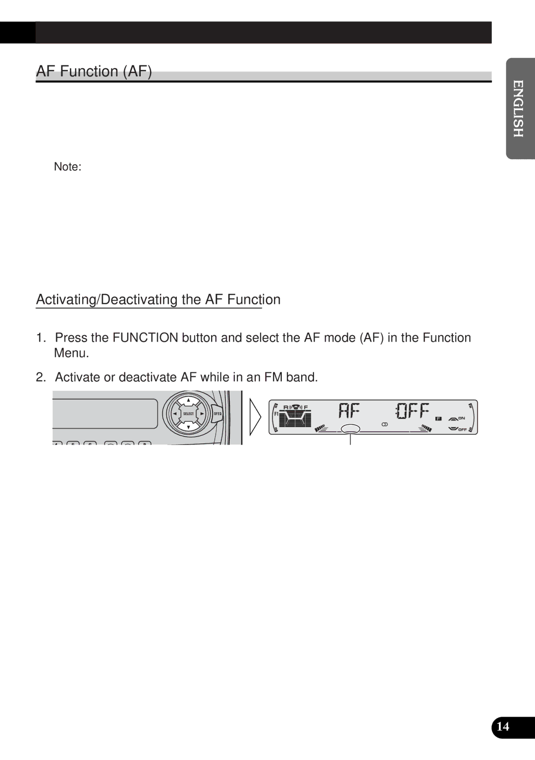 Pioneer DEH-3300R, DEH-3330R operation manual Title English, AF Function AF, Activating/Deactivating the AF Function 